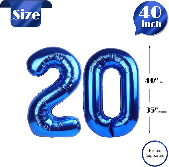 Navy Blue Number 20 Balloon 40 inch, 20 Number Balloons, 20th Navy Blue Birthday Decorations, 20 Year Old Girls Boys Blue Party Supplies