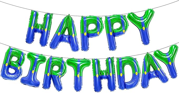 YIIHMEI Super Bros Happy Birthday Banner Party Decorations Balloons with Green Blue Cartoon Game Characters Theme Style Letters Signs Party Supplies for Boy's