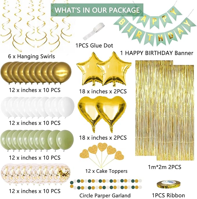 Sage Green Party Decorations, Gold and Olive Green Balloons Birthday Decor for Women Happy Birthday Party Balloons for Men Women Boys Girls Baby Shower Birthdays Supplie for 16th 18th 21st 30th 40th