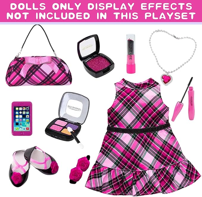 American 18 Inch Dolls Makeup Accessories and Clothes,Fashion Dress Tote Bag for 18" Doll Include Outfits Shoes Cosmetic Toys Stuff Gift for Baby Girl (No Doll)