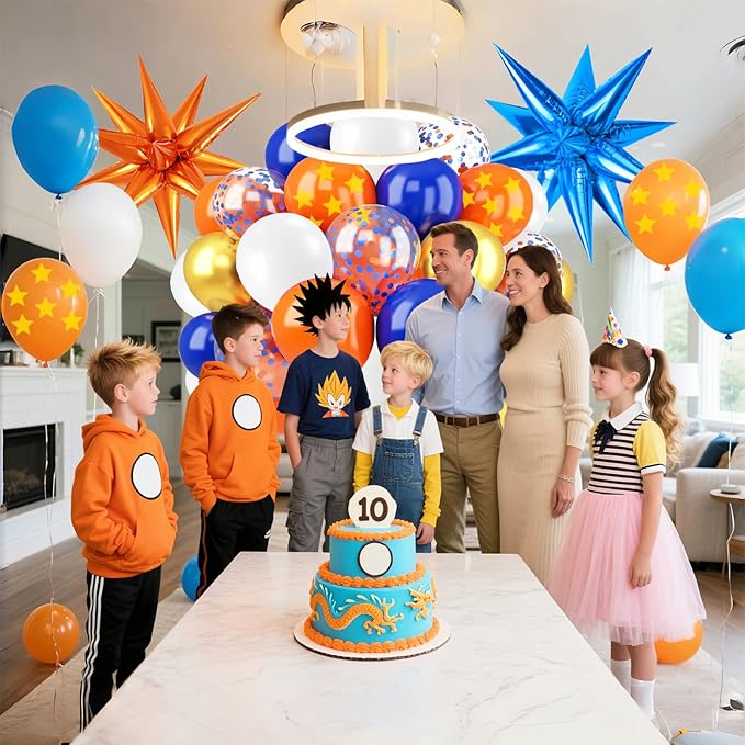 Blue Orange Gold Balloon 64Pcs 12 Inch，Pentagram Print Balloons for Cartoon Themed Birthday Party Decorations Boys Girls Gatherings Party Supplies