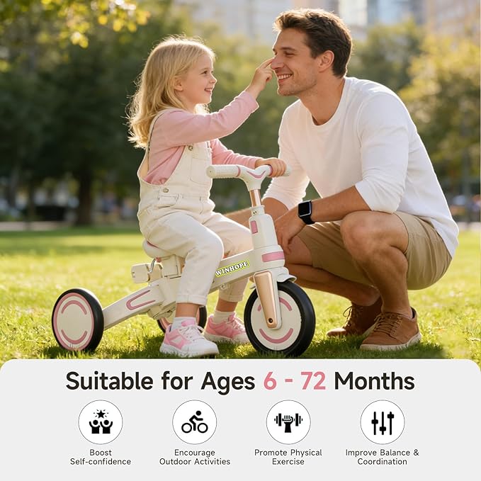 WinHope 9-in-1 Push Tricycle for Toddlers 1-3 Years, Convertible Kids Trike with Push Handle & Safety Belt, One-Client Foldable Design + Storage Basket, Birthday Gift and Toy for Boys and Girls(Pink)