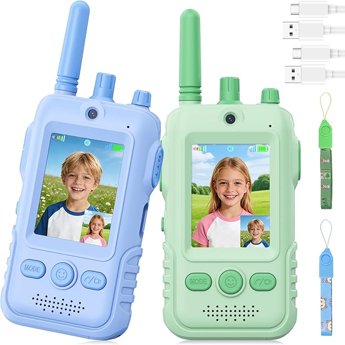 Walkie Talkies for Kids, 2 Pack Rechargeable Video Intercom Kids Walkies Talkies, Indoor Outdoor Toys Gifts for Family Games, Outside, Camping, Hiking for Boys Girls Ages 3-6(Green+Blue)