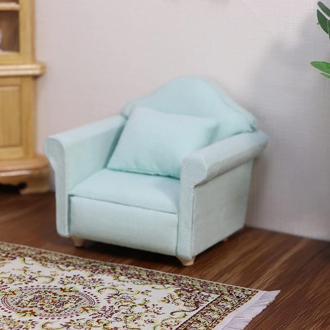 Dollhouse Couch Miniature Furniture Sofa with Pillows for Living Room Desktop Decoration Fabric Sofa Mini Home Scene Accessories Ornament (Sofa Set, Green)
