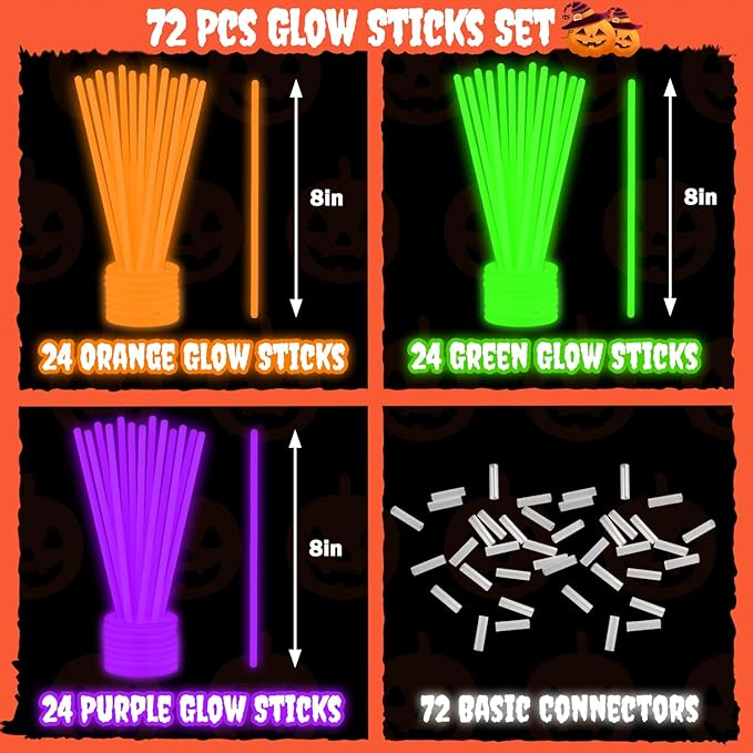 Green Orange Purple Glow Sticks Toys Gifts for Kids 72 PCS, Light up Party Favors Supplies Accessories for Adults, Non Candy Treat Gift Bag Stuffers, Classroom Carnival Games Prizes for Boys Girls