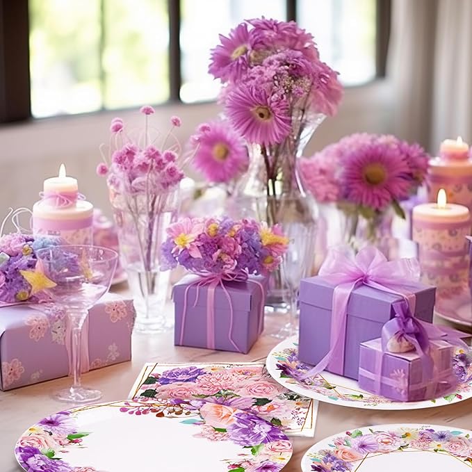 Grencian 96Pcs Spring Floral Party Supplies Pink Purple Flowers Paper Plates and Napkins Disposable Spring Floral Tableware Set for Wedding Bridal Shower Baby Shower Mother’s Day Tea Party, Serves 24