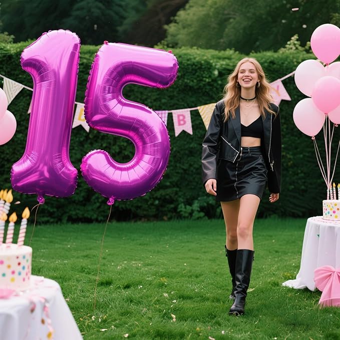 40 Inch Large 15 Balloon Numbers Rose Purple Big Foil Number Balloons Giant Helium Happy Birthday Party Decorations for Man and Women, Huge Mylar Anniversary Party Supplies