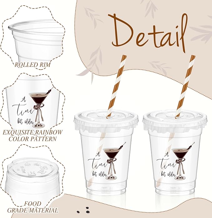 Domensi 50 Pcs Martini Birthday Party Plastic Cup 12 oz a Tini Bit Older Espresso Martini Thick Clear Cup Cocktail Coffee Mugs for Bar Birthday Table Decorations Party Favor Gift