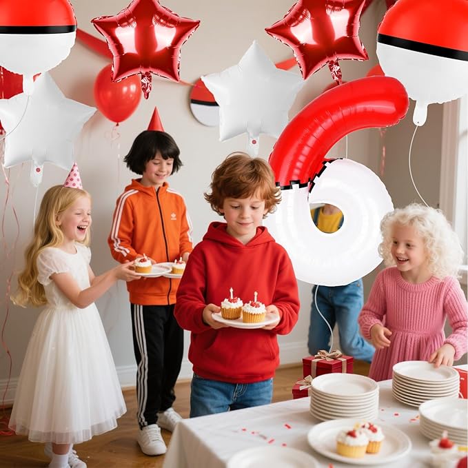 40 Inch Red & White Cartoon Themed Theme Number Balloon, Number Block Foil Number 6 Balloons Large Big Numbers Helium Balloon for Girls Boys 6th Birthday Theme Party Decorations (Number 6)