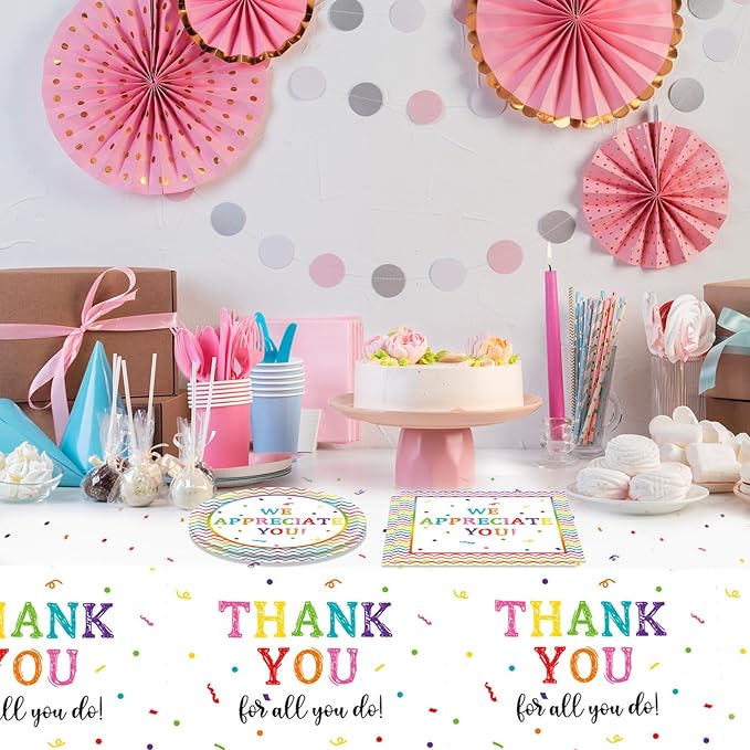 41Pcs We Appreciate You Decorations Rainbow Color Thank You Themed Tableware Set Appreciation Plates Napkins Tablecloth丨Teacher Nurse Employee Staff Pastor Volunteer Appreciation Week Decor,Serve 20