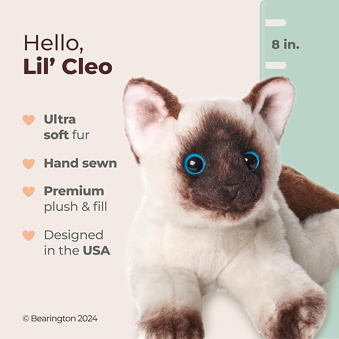 Bearington Lil’ Cleo Siamese Cat Plush - Cat Stuffed Animal - 8" Siamese Soft Plush Kitty Toy with Realistic Details and Floppy Body for Kids and Toddlers - Adorable Gifts for Kitten Lovers