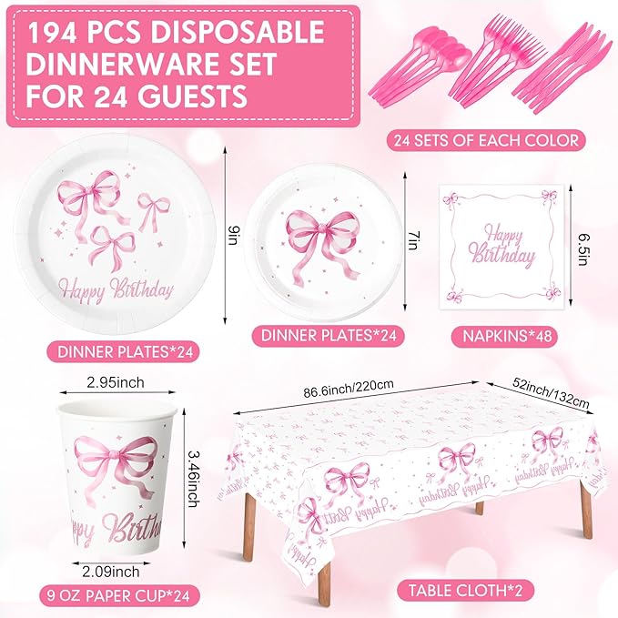 Pickmesh 194 Pcs Pink Bow Birthday Decoration Coquette Birthday Tableware Set Includes Pink Bow Paper Plates Napkins Cups Tablecloth Coquette Party Supplies for Baby Shower Bachelorette Party Decor