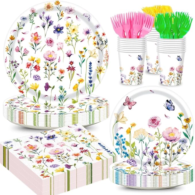 120Pcs Wildflower Plates Napkins Flower Birthday Party Supplies Floral Baby Shower Decorations Watercolor Colorful Cups Forks Spring Paper Disposable Tableware Set for 24 Guests