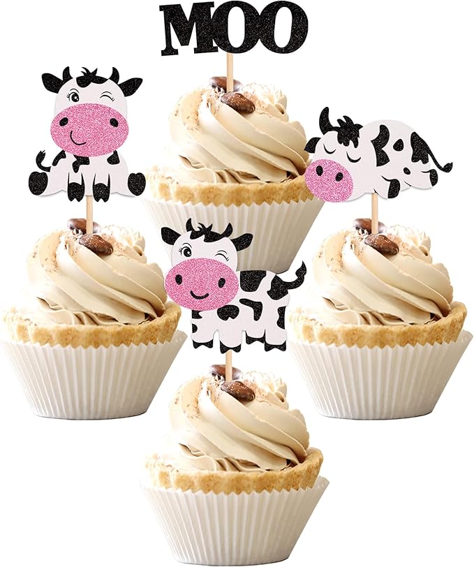 24 PCS Cow Cupcake Toppers Glitter Farm Animals Moo Cupcake Picks Cow Theme Baby Shower Kids Birthday Party Cake Decorations Supplies