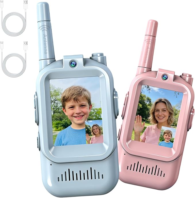 Video Walkie Talkies for Kids, 2 Pack Rechargeable Walkie Talkies with Screen,Long Range 2 Way Radio with 4 Voice Effects, Outdoor Adventure Camping Hiking, Birthday with Pink Blue Design