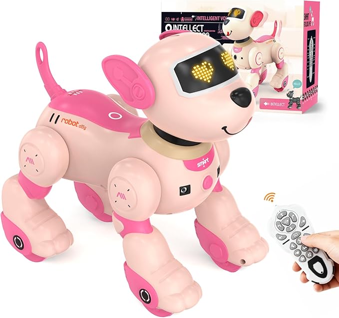 PRANITE Robot Dog Toy for Kids, RC Smart Programmable Robotic Puppy Interactive Touch Music Remote Control Follow Mode Fun STEM Educational Learning Toy Rechargeable Pink AI