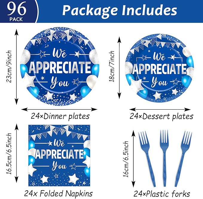 96pcs Blue Silver We Appreciate You Plates and Napkins Set for Thanksgiving Party Decorations Thank You Dinnerware Tableware for 24 Guests Employee Teacher Graduate Pastor Appreciation Party Supplies