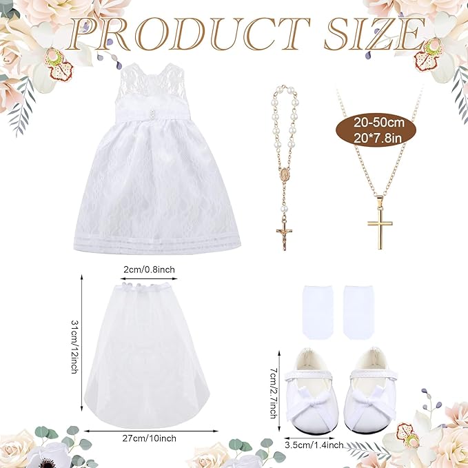 7 Pcs 18 Inches American Doll Clothes Outfit First Communion Dress with Matching Headband Veil Bracelet Shoes Socks Necklaces Fit 18 Inches Dolls, Doll Not Included (Veil)