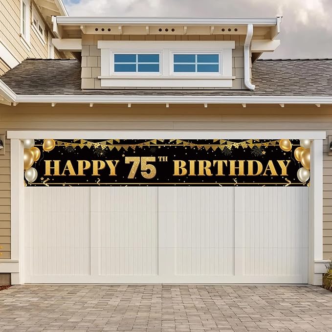 Large Happy 75th Birthday Decoration Banner, Black and Gold Happy 75th Birthday Banner Sign, 75th Birthday Party Decorations Supplies(9.8x1.6ft)