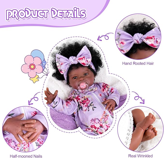 Aori Black Reborn Baby Dolls Girl - Realistic Baby Dolls Black American That Look Real 20 inches, Lifelike Black Baby Doll Soft Vinyl with Weighted Cloth Body, Set for Kids 3+, New-Parents, Elderly