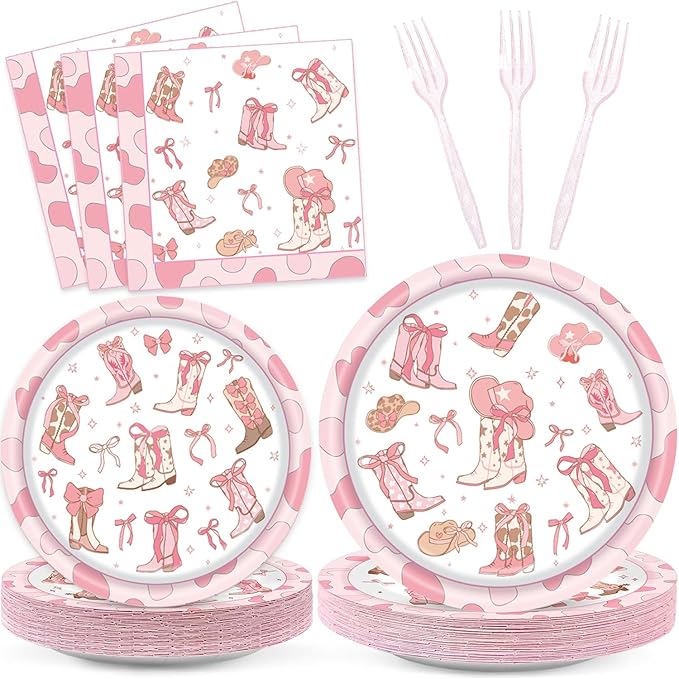 96 Pcs Cowgirl Party Supplies, Western Cowgirl Birthday Party Decorations Plates Set Includes Plate, Napkin, Forks, for Girl Birthday Decorations Baby Shower- Serve 24