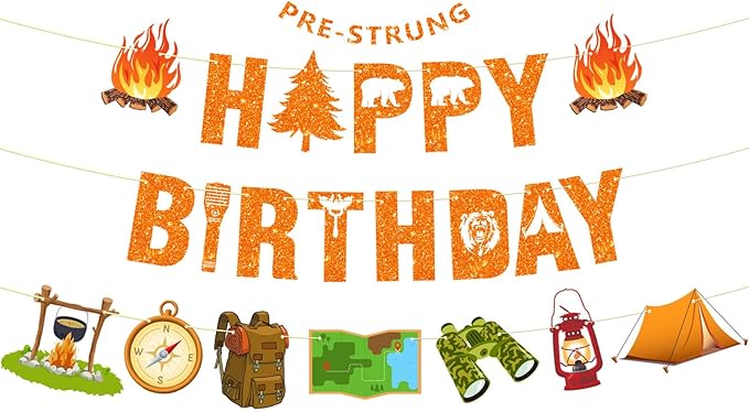 Pre-Strung Camping Party Decorations, NO DIY Glitter Happy Birthday Banner Camping Themed Baby Shower Supplies