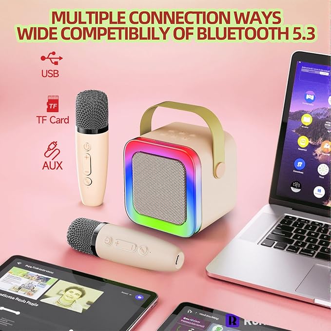 Karaoke Machine for Kids Teen Adults, Mini Karaoke Machine with 2 Wireless Microphones and LED Lights Toys for Christmas Birthday Party, Home, Gifts for 3-12+ Year Old Girls Boys