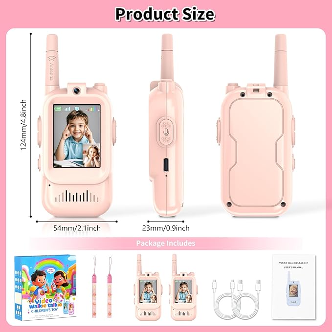 Video Walkie Talkies for Kids, Handheld 2 Pack Rechargeable Kids Video walkie talkies,Long Range Ideal for Family Games, Outside, Camping, Hiking (Pink)