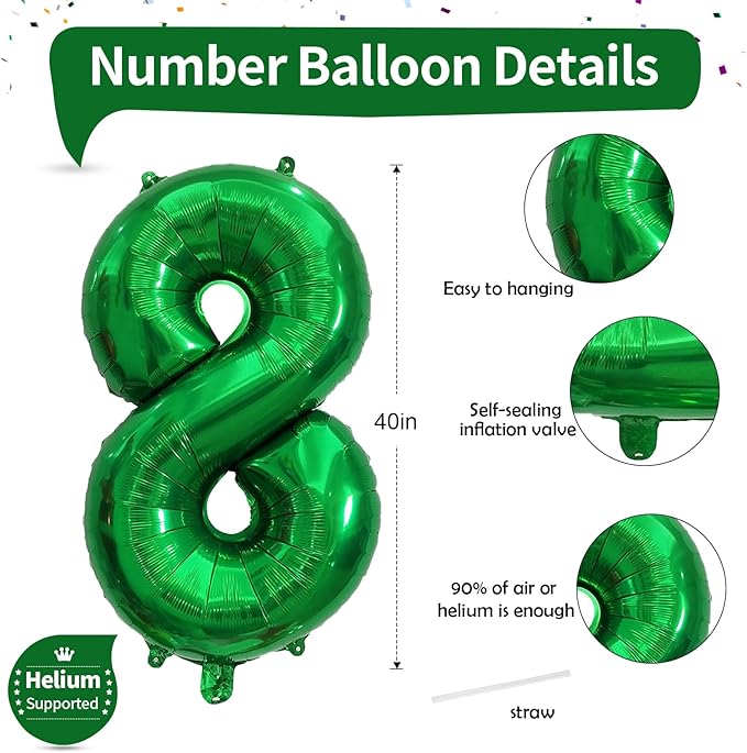 40 Inch Emerald Green Number 8 Balloons, Large Foil 8th Birthday Balloon Decorations for Girls, Dark Green Self Inflating Happy Birthday Party Jungle Anniversary Celebration Boys Kids Decor Supplies