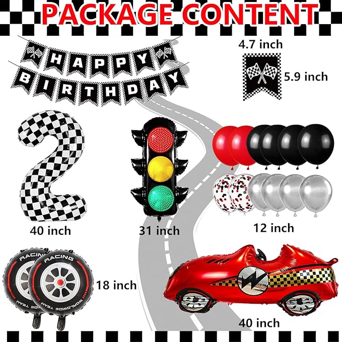 Race Car Birthday Party Decorations, with 40 Inch Number 2 Balloon, Happy Birthday Banner, Traffic Light and Foil Tire Balloon for 2nd Car Themed Birthday Party Supplies