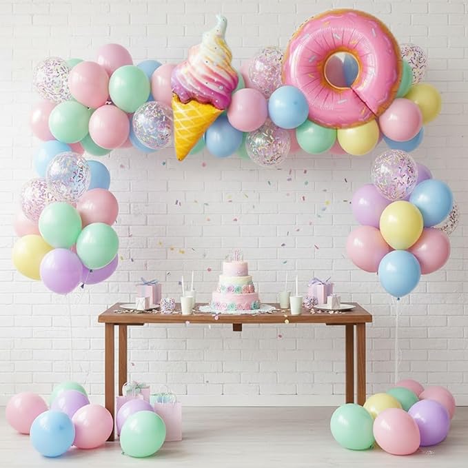 Pastel Balloons, 12 Inch Macaron Pink Purple Yellow Green Blue Confetti Balloons with Donut and Ice Cream Foil Balloon for Gilrs Easter Sweet Birthday Party Rainbow Baby Shower Decorations