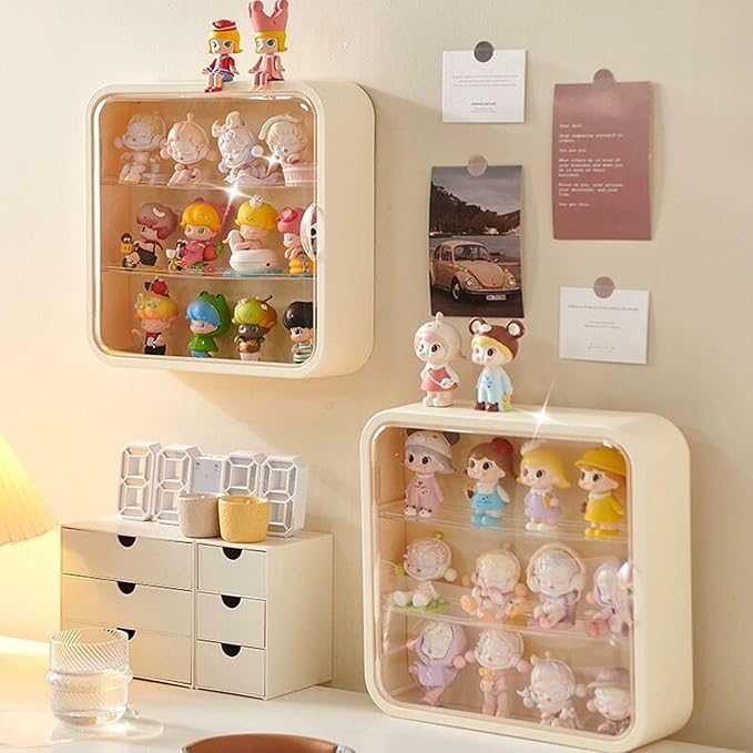 Clear Display Case for Figures, Wall-Mounted Doll Storage Box Cabinet Organizer 3-Layer Acrylic Dustproof Display Cabinet Box for Collectibles Action Figures Pop Mart (Green)