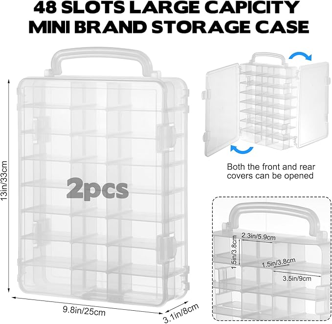 2 Pack 96-Slot Mini Brand Storage Cases, Clear Plastic Mini Brand Organizer Box with Adjustable Dividers, Portable Compartment Container for mi ni Toys and Collectibles (Case Only)