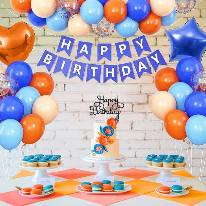 Blue and Orange Birthday Decorations,Royal Light Blue and Orange Decor Happy Birthday Banner Cake Topper Star Heart Foil Balloon for Kids Space Theme Party