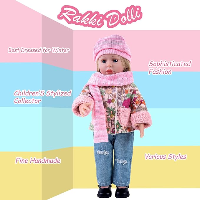 Doll Clothes 4 Piece Set Includes Pink Flower Snow Jacket, Knitted Wool Hat, Scarf and Hipster Jeans Fits for 18" American Girl Dolls (Doll and Shoes Not Included)