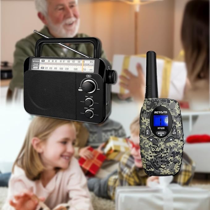 Retevis RT628 Kids Walkie Talkies, Army Toys for 5-13 Year Old Boys Girls, FRS Walkie Talkie, TR604 AM FM Radio, Battery Operated Portable, Plug in Wall, for Senior