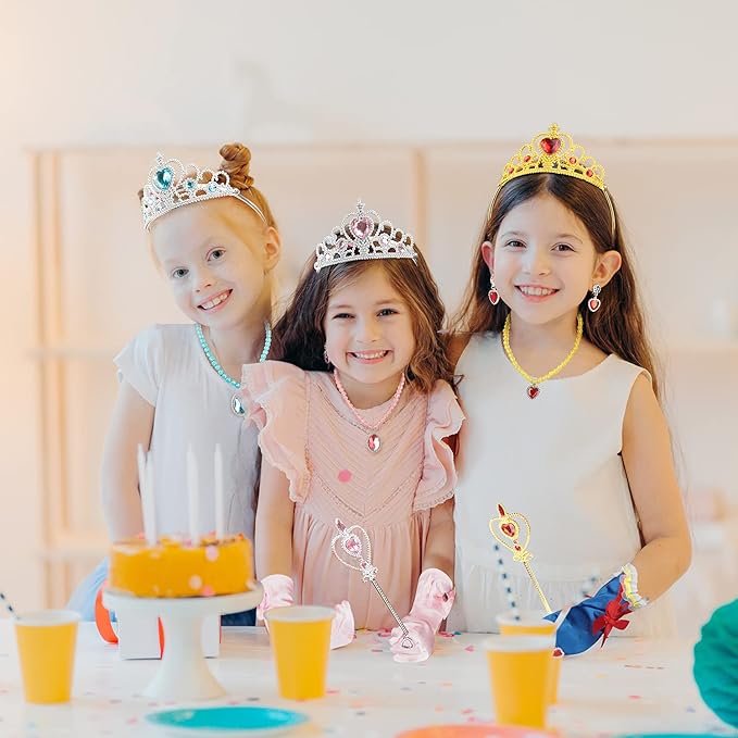 Princess Dress Up Party Accessories for Princess Costume Gloves Tiara Wand Necklace Earrings Bracelet and Ring Gift Set 9pcs (Blue, Set of 7, 9pcs)