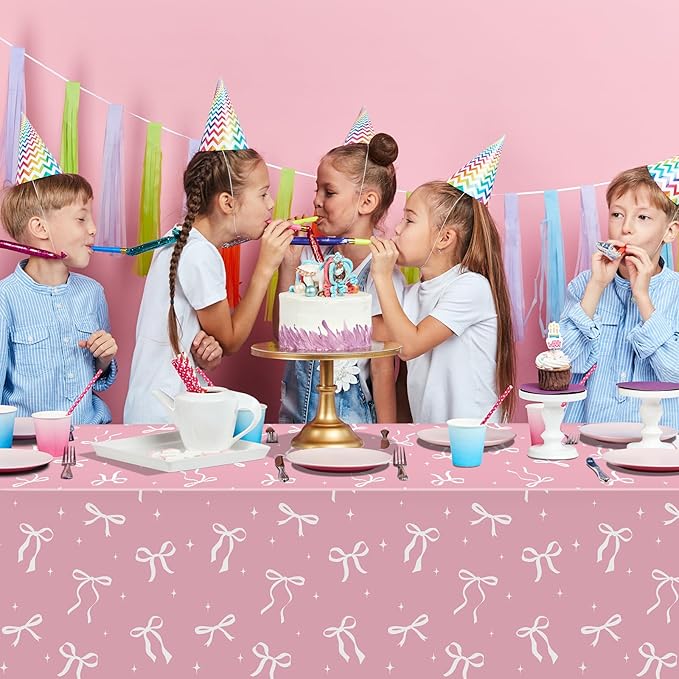 3Pcs Coquette Party Tablecloths Decorations,White Bow Plastic Table Cover Disposable Rectangle Table Cloth for Girls Birthday Bridal Wedding Party Supplies,54x108 Inch