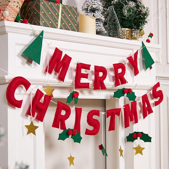 Merry Christmas Banner with Red Berries And Leaves,Christmas Banner Decoration with Gold Stars,Xmas Bunting Garland Felt Party Supplies For Wall,Fireplace Mantel,Window.
