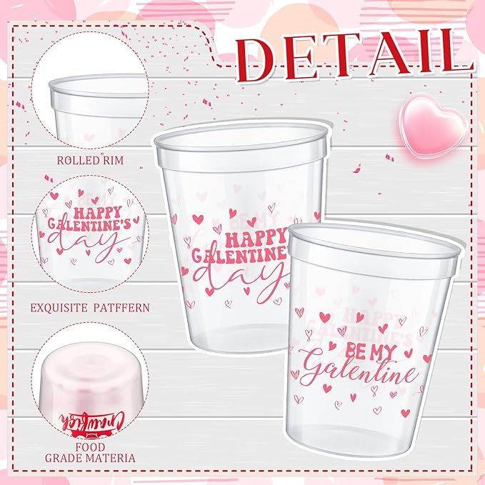 24 Pcs Galentine Day Gift Cups 16 oz Reusable Thick Be My Valentine Party Plastic Drinking Cup Clear Pink and Red Happy Girlfriend Party Decorations Friendship Gift Supplies