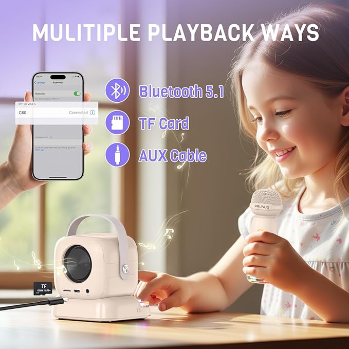 Mini Karaoke Machine with Colorful 7 Piano Keys,Top Christmas Birthday Gifts for 3 4 5 6 7 8 9 10 11 12+ Years Old, Portable Bluetooth Speaker with Wireless Microphone,Boys and Girls Gift-Beige
