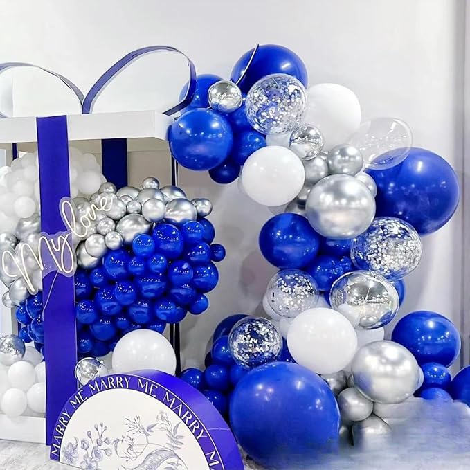 Blue Silver Black Balloons Garland Arch Kit, 146 Pcs Royal Light Blue Metallic Confetti Silver Balloons for Baby Shower Graduation Anniversary Retirement Birthday Party Decoration