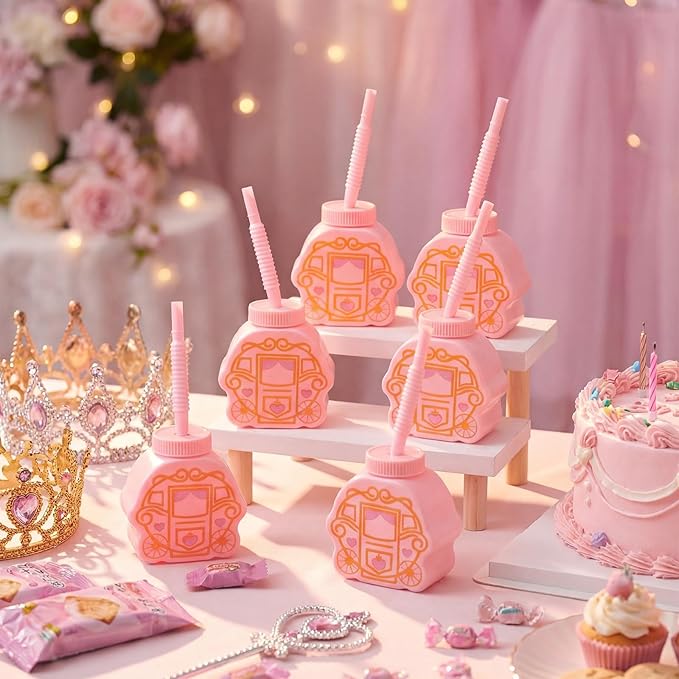 12 Set Princess Carriage Cups with Straws and Lids, Pink Princess Birthday Party Supplies 10 oz Plastic Reusable Carriage Cups for Girl Themed Birthday Party Favor