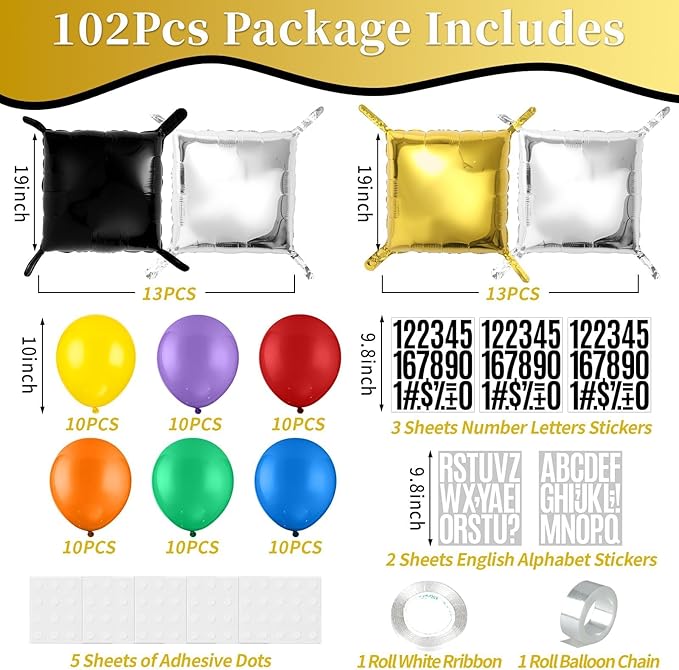 102Pcs Bingo Game Party Balloons Garland Arch Kit Black Gold and Silver Double Sided Square Foil Balloon Wall Backdrop with Colorful Latex Balloons & Letter Sticker for Bingo Party Birthday Decoration