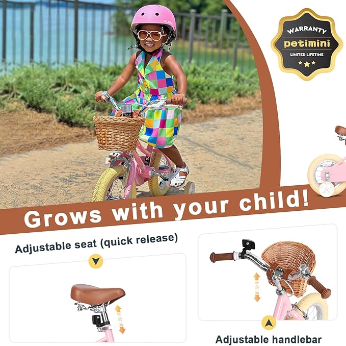 Petimini Vintage Kids Bike for Girls, 12–20 Inch Classic Bicycle with Wicker Basket & Bell, High Tensile Steel Frame, Training Wheels (12–18”), 85% Pre-Assembled, Retro Bike for Outdoor Riding