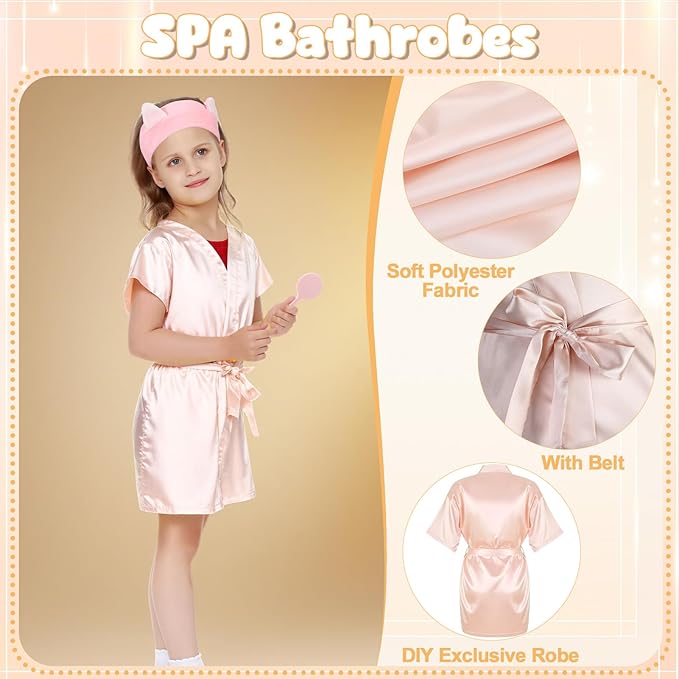 122 Pcs Champagne Pink Girls Spa Party Kit, 10-Pack Slumber Party Favors with Satin Robes, Tote Bags, and Nail Salon Accessories for Kids Spa Birthday, Halloween, Home Party Supplies