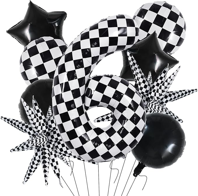 TONIFUL 40 Inch Checkered 6th Birthday Balloons Set Number 6 Race Car Black White Checkered Round Explosion Star Balloons Boys Race Car Themed Birthday Party Decoraction