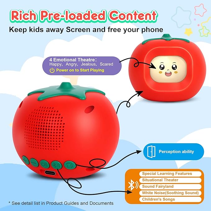 Kids Music Player with Face-Changing, Musical Toys for Toddlers 1-3-6，Educational Toys,Preloaded 200+ Stories/Rhymes, Screen-Free Audio Player, Travel Bluetooth Speaker, Gift for Boys Girls-Red