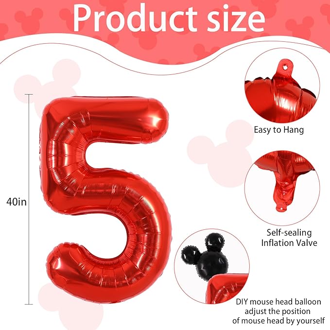 Vuzvuv 40 Inch Mouse Number Balloon No.5, Black Mouse Head Balloon and Red Giant Giant Number Five Balloon for Birthday, Mouse Theme Party Supplies, Baby Shower,Anniversary Decoration