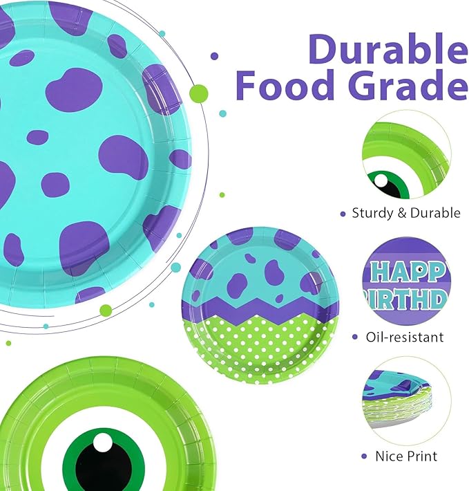 Grencian 60Pcs Monster Birthday Party Paper Plates -Monster Birthday Party Supplies 9" Disposable Green and Purple Cartoon Paper Plates for Monster Theme Par-ty Decorations